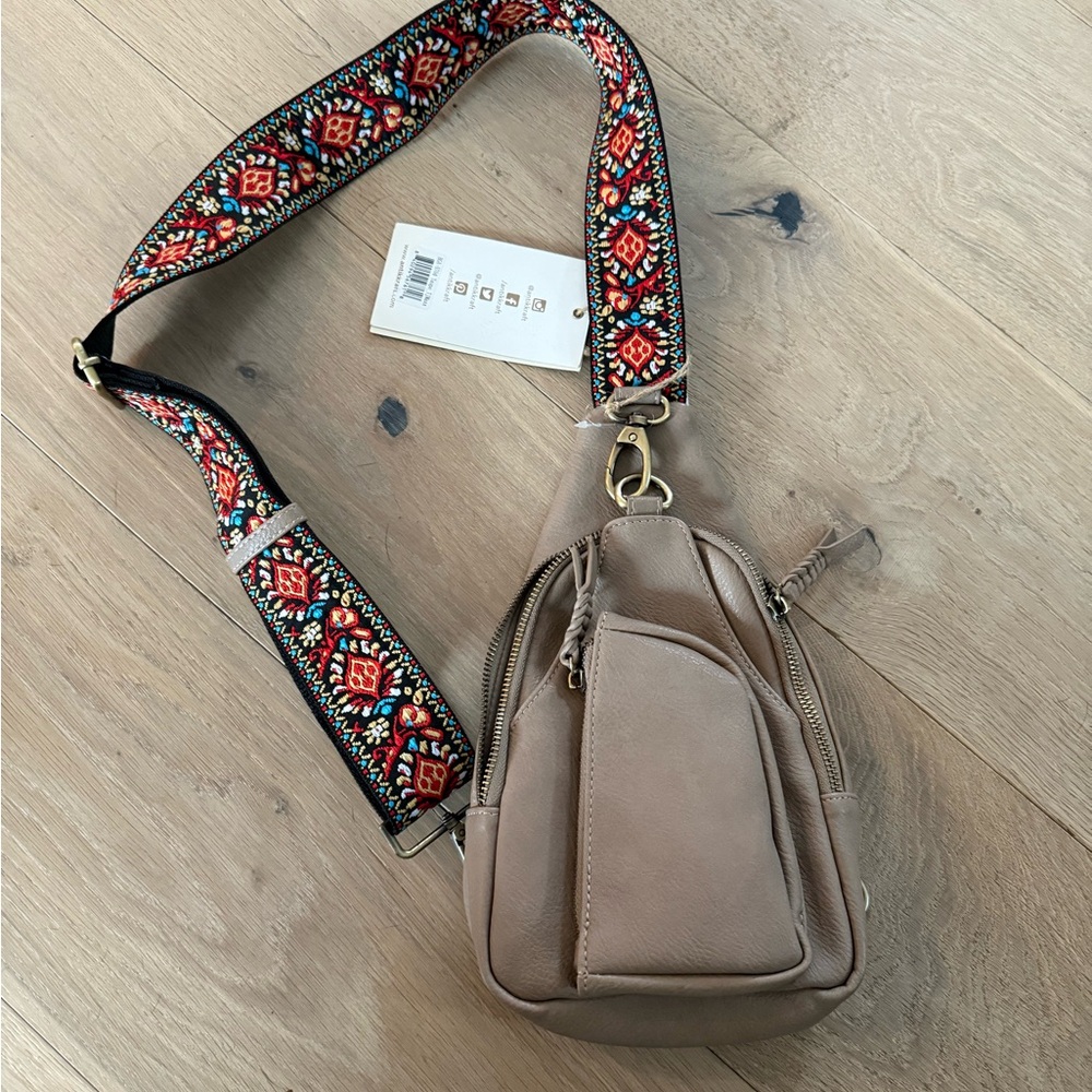 T.J.Maxx Tan Crossbody Bag with Colorful Strap